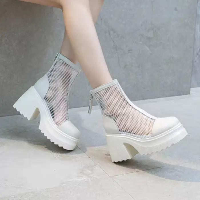 Nouvelles bottes courtes d'été pour femmes, en maille aérée avec talon carré et plateforme imperméable, pour toutes les occasions
