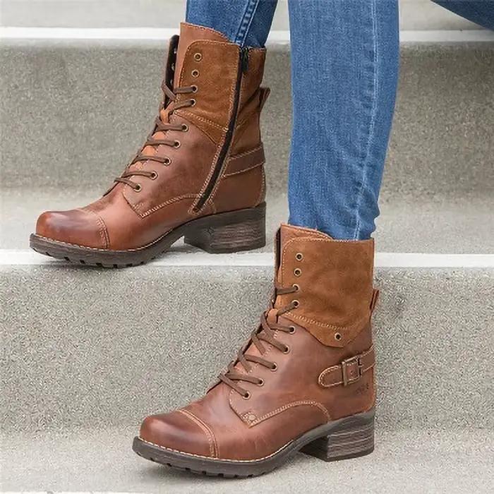 Grande taille 35-43 chaussures pour femmes automne femmes fermeture éclair bout rond à lacets talon chaussures décontractées cheville rétro bottes plate-forme Botas De Mujer