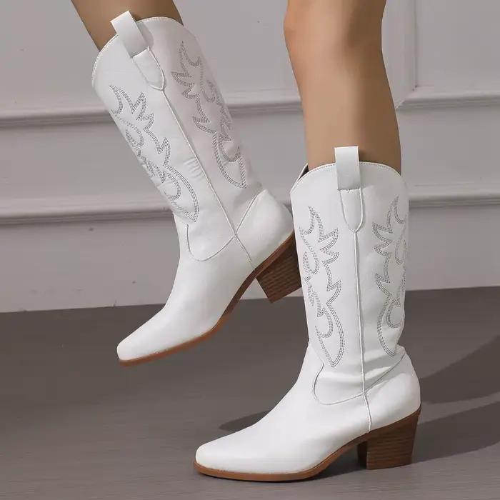 Bottes Longues Brodées Bout Pointu Talon Carré Élégantes Occasion Spéciale Blanc Bleu Gris