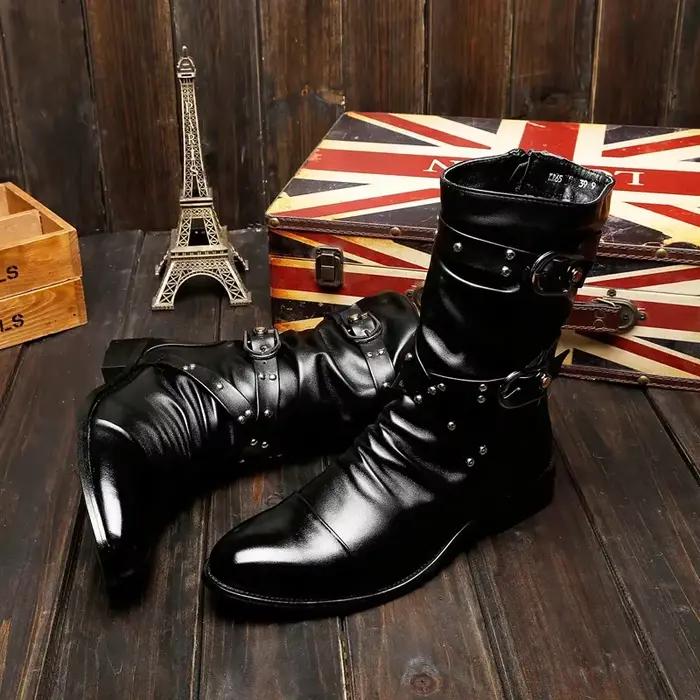 Bottes de motard UXST style britannique pour homme bottes punk rock mi-mollet à talons bas pour printemps automne ocassions spéciales