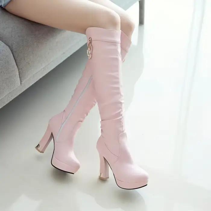 Genou bottes hautes femmes Sexy mode côté fermeture éclair bout rond hiver chaud en peluche blanc noir talons hauts