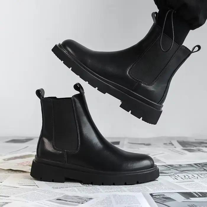 Bottes Chelsea montantes en cuir pour hommes, chaussures en cuir noir, bottes de cheminée rétro pour hommes, vêtements de cérémonie, tendance, bottes décontractées, 2025