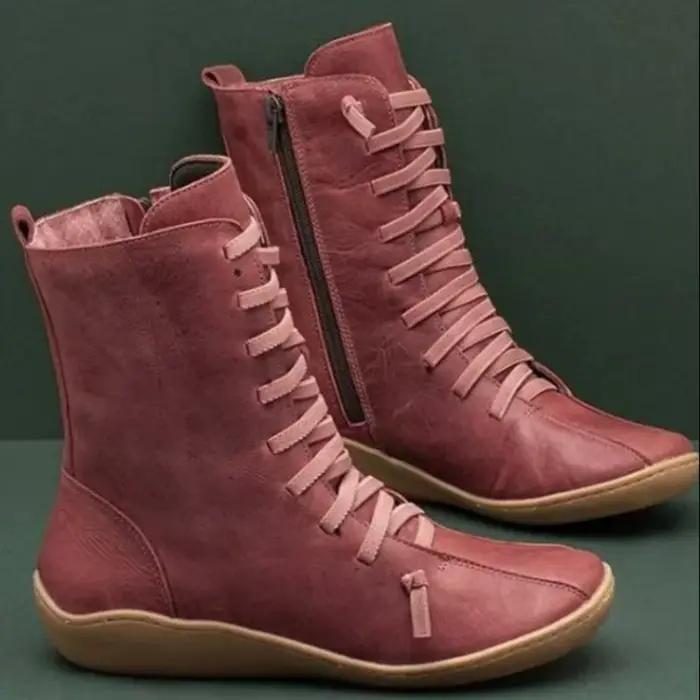 Bottes plates en cuir souple pour femmes, mode rétro, fourrure assortie, bottes de rinçage à lacets, hiver, nouveau