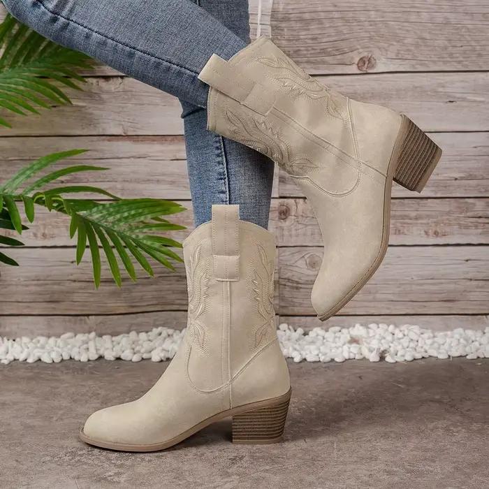 Bottes de chevalier rétro mi-mollet brodées à talon épais, style western cowboy, avec empeigne à découpe en V, semelle extérieure en caoutchouc et doublure en similicuir