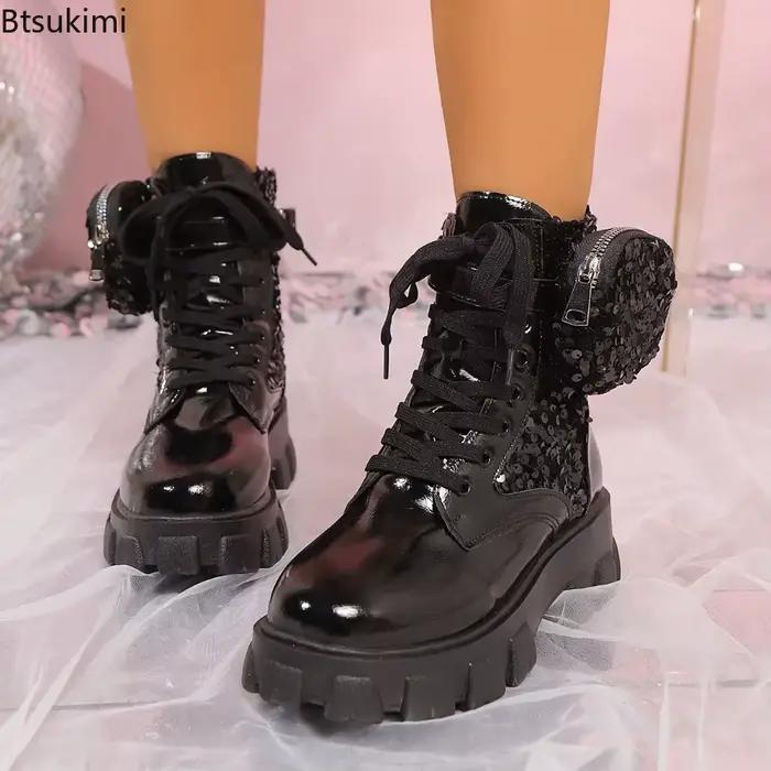 Bottes de combat punk pour femmes avec paillettes, talons carrés, et lacets pour les occasions spéciales automne-hiver
