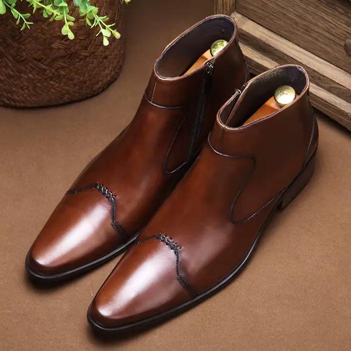 Bottes montantes en cuir à bout pointu pour hommes, faites à la main, mode britannique, vêtements de travail de grande taille, chaussures élégantes et durables