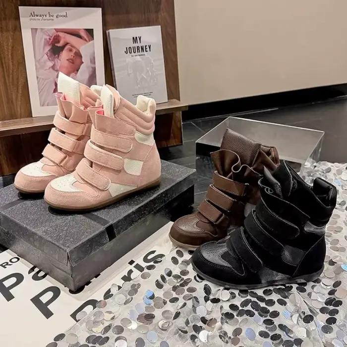 Bottines pour femmes 2026, nouvelles baskets en cuir à plateforme haute, talons compensés de 8 cm, chaussures à bout haut et semelle épaisse en daim.