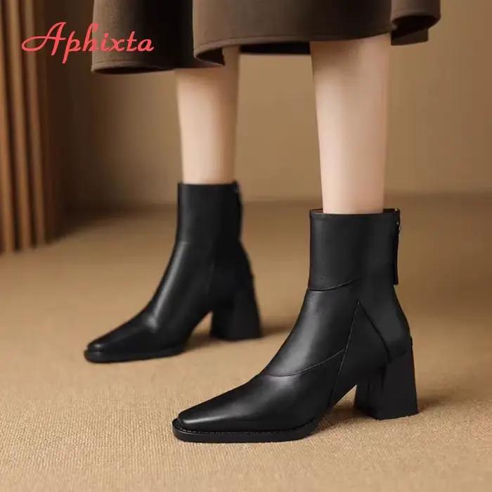 Aphixta luxe en cuir femmes bottines dos fermeture éclair fermer bottes modernes talons hauts chaussures femme bateaux botines para mujeres