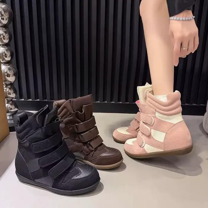 Bottines pour femmes 2026, nouvelles baskets en cuir à plateforme haute, talons compensés de 8 cm, chaussures à bout haut et semelle épaisse en daim.