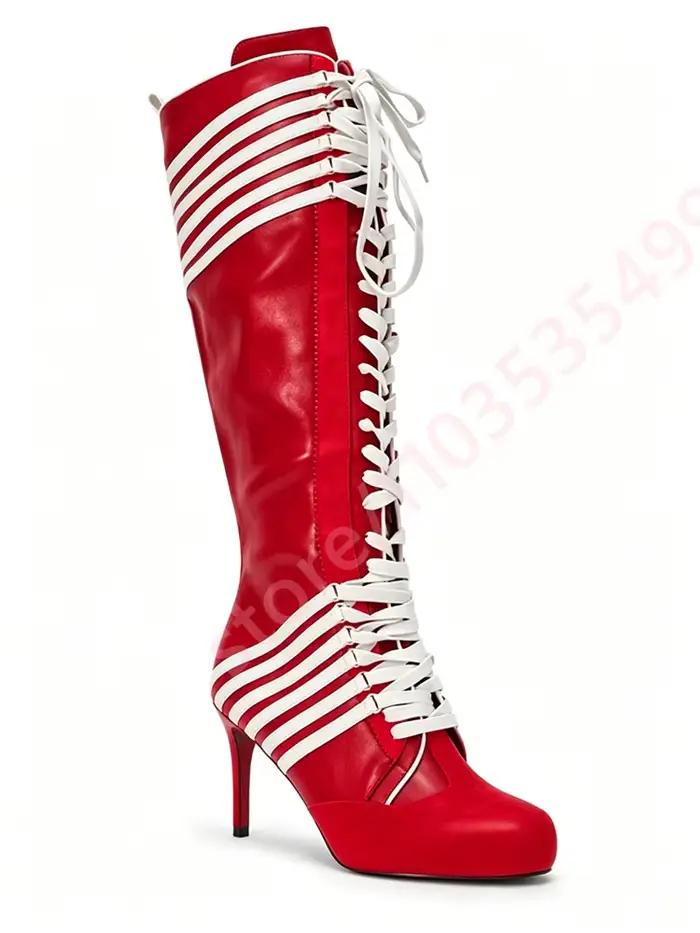 Nouvelles Bottes Hautes Rayées Bicolores Noir et Rouge 2026 pour Femme, à Lacets Intégraux, Talon Aiguille Fin, Style Streetwear Tendance