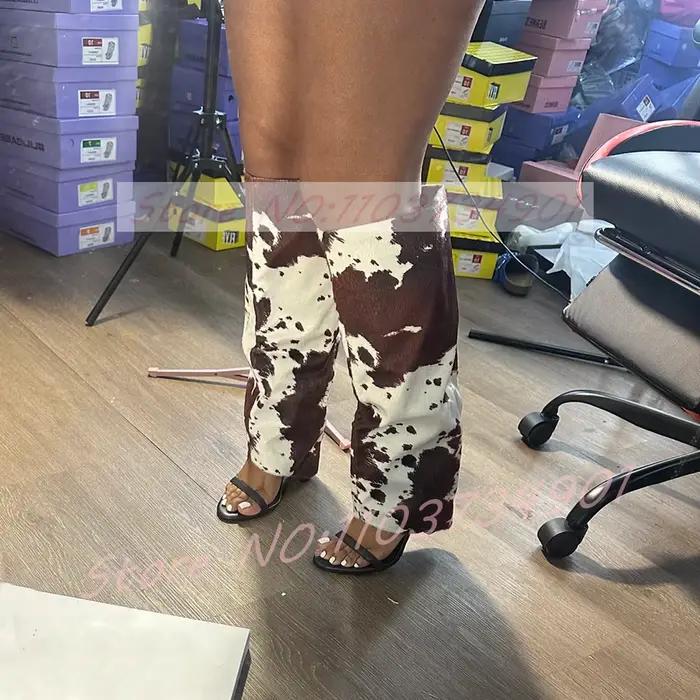 Bottines à talons aiguilles à bout ouvert et découpées, hauteur genou, pour femmes, bottes décontractées à imprimé vache en poils de cheval, talons hauts, sandales de fête pour femmes