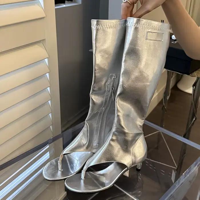 Eilyken concepteur Clip orteil talons bas genou bottes hautes sandales femme mode fermeture éclair Banquet chaussures d'été tongs Botas Mujer
