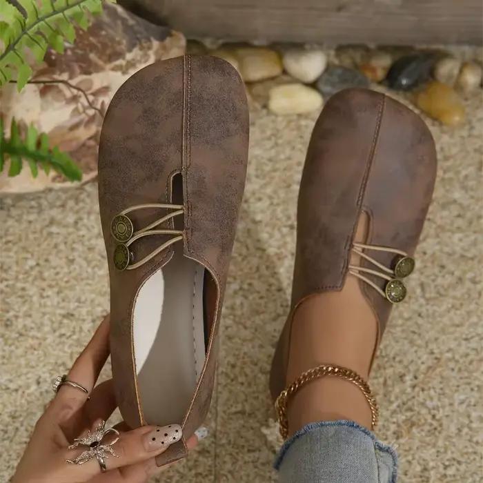 Chaussures plates confortables à semelle souple et bout rond pour femmes, avec boucle décorée, couleur unie, décontractées, respirantes, design à enfiler facile