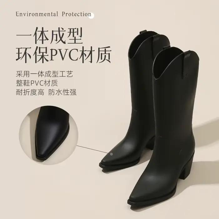 Bottes de pluie longues à talons hauts pour femmes, bottes de chevalier noires, caoutchouc souple, chaussures imperméables, mode