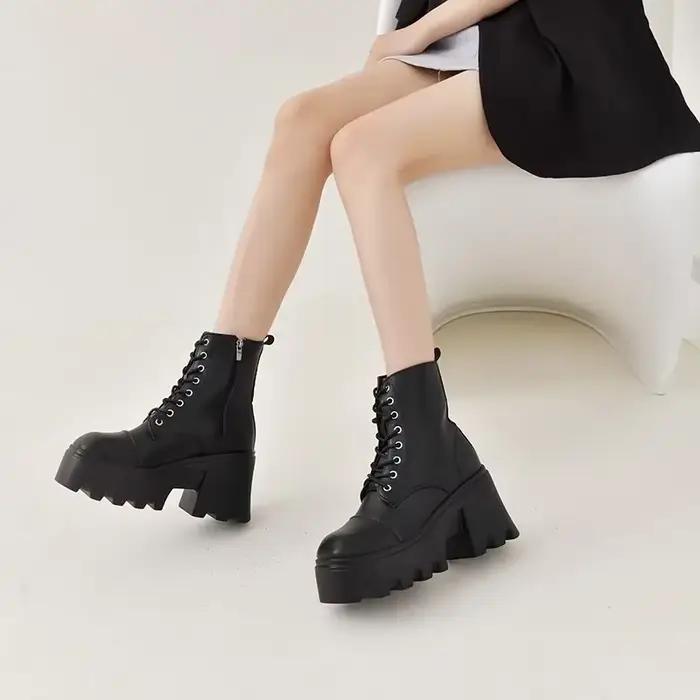 Bottes de rinçage à glissière latérale pour femmes, chaussures à lacets pour femmes, plate-forme, talon carré, grande taille, hiver, 2024