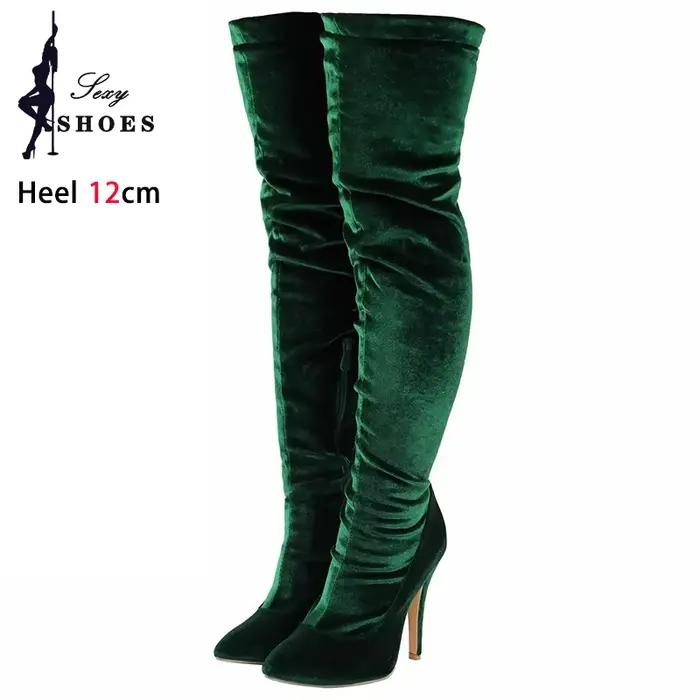 Bottes longues en velours pour femmes, bout pointu, talons aiguilles, grande taille, cuissardes élastiques, nouvelles bottes modernes pour printemps-automne 2024