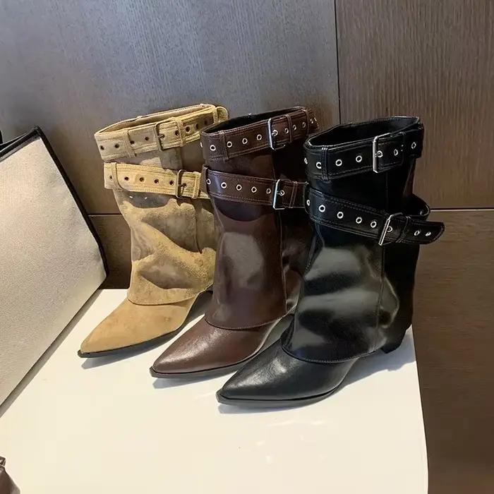 Bottes à fond polaire Vintage, mode, bout pointu, boucle de ceinture, talon bloc, antidérapant, résistant à l'usure