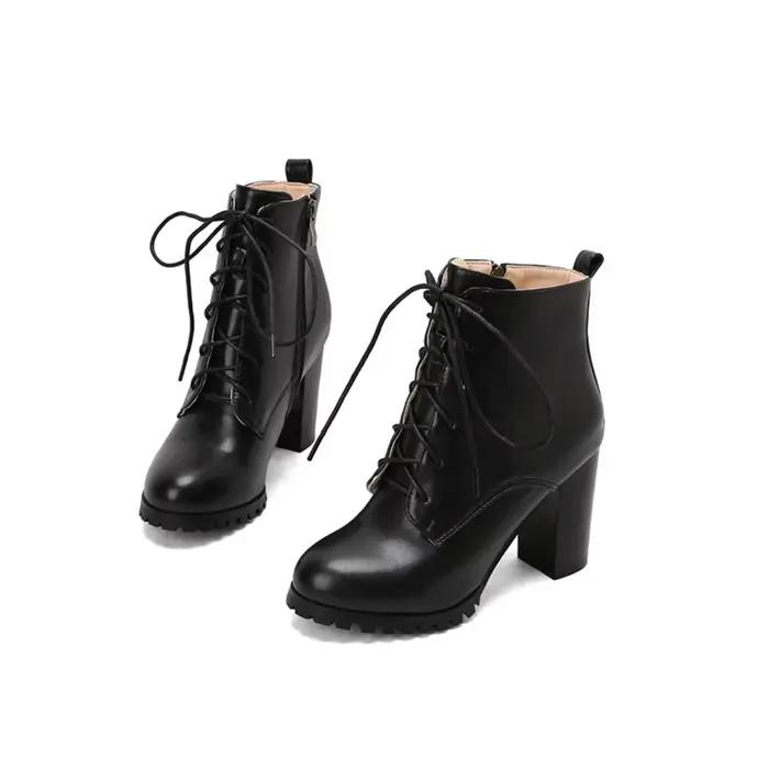 Bottines de styliste élégantes à lacets pour femmes, bout rond, talon carré, semelles épaisses, talons hauts, vêtements de travail, taille 50, printemps et automne, T3-12