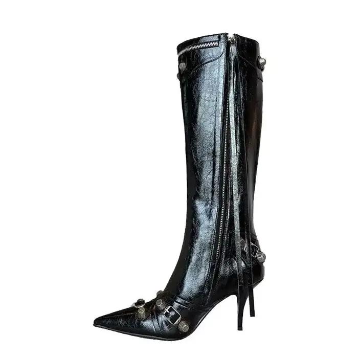Femmes Sexy Chelsea bottes bout pointu talons hauts chaussures concepteur hiver nouveaux talons aiguilles genou bottes hautes pompes moto Botas
