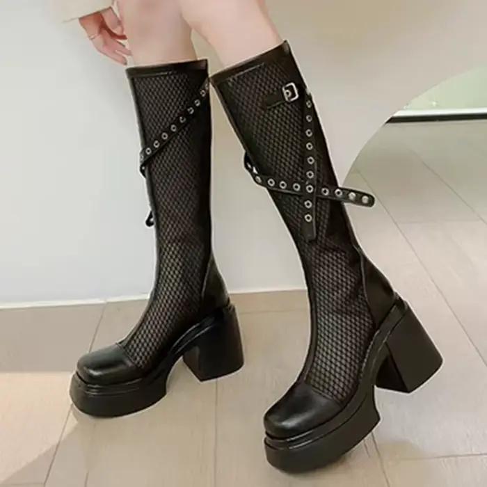 2025 été mode respirant maille bottes pour femmes fête plate-forme fermeture éclair mi-mollet bottes femme solide boucle sangle chaussures dames