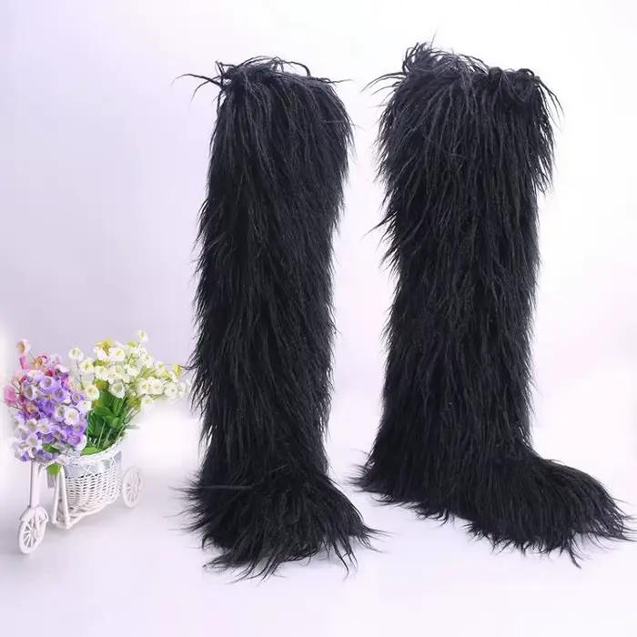 Bottes en fourrure de cachemire pour femmes au-dessus du genou - Style bureau dame - Nouvelle collection hiver - Antidérapantes - Taille plus petite que d'habitude - Occasions spéciales
