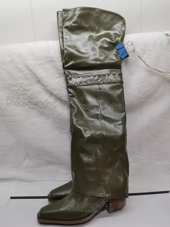 Bottes à bord retourné au dessus du genou en cuir véritable, couleur unie, mode de luxe, élégantes, concises, Sexy, chaussures de fête pour femmes, nouveaux talons