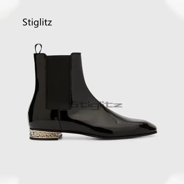 Bottines en cuir verni pour hommes, style britannique, bottes noires pour hommes, chaussures de luxe à enfiler pour le travail, les affaires, les mariages, bottes élastiques pour hommes
