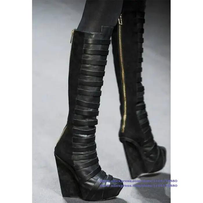 Multi sangles plate-forme compensée genou bottes hautes fermeture éclair arrière