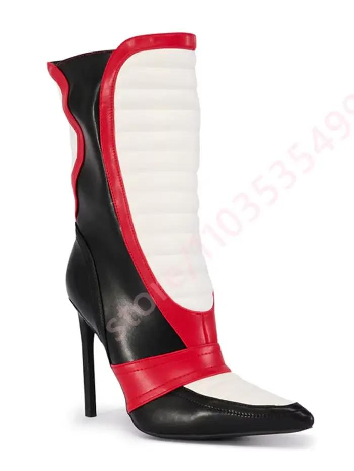 Bottes mi-mollet femme 2026, color block rouge, noir et blanc, avec panneaux matelassés, bout pointu, talon aiguille fin, style streetwear tendance