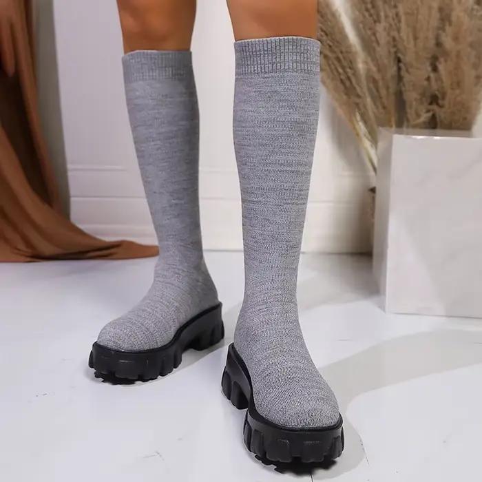 Rose grosse plate-forme bottes longues femmes tendance fond épais élastique genou