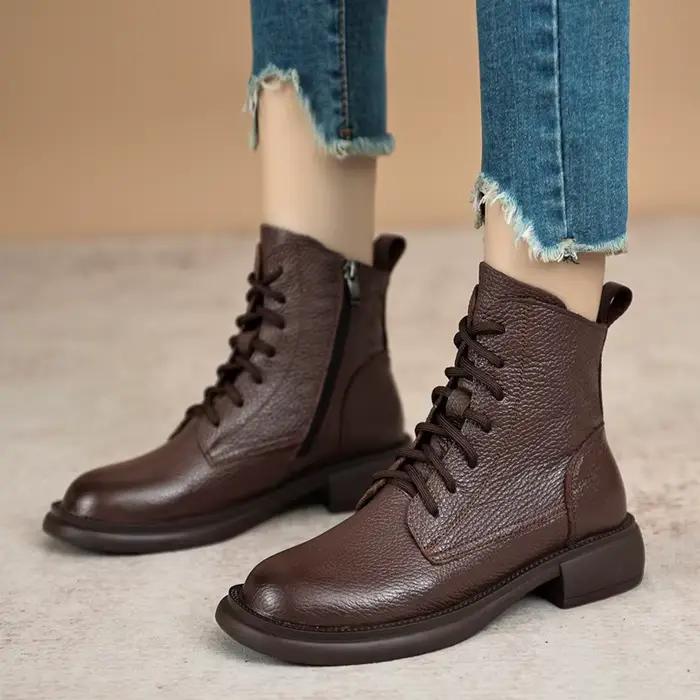 Printemps dame bottines véritable cuir de vache plate-forme chaussures pour femmes hiver jeunes filles semelle souple talon épais chevalier bottes de neige