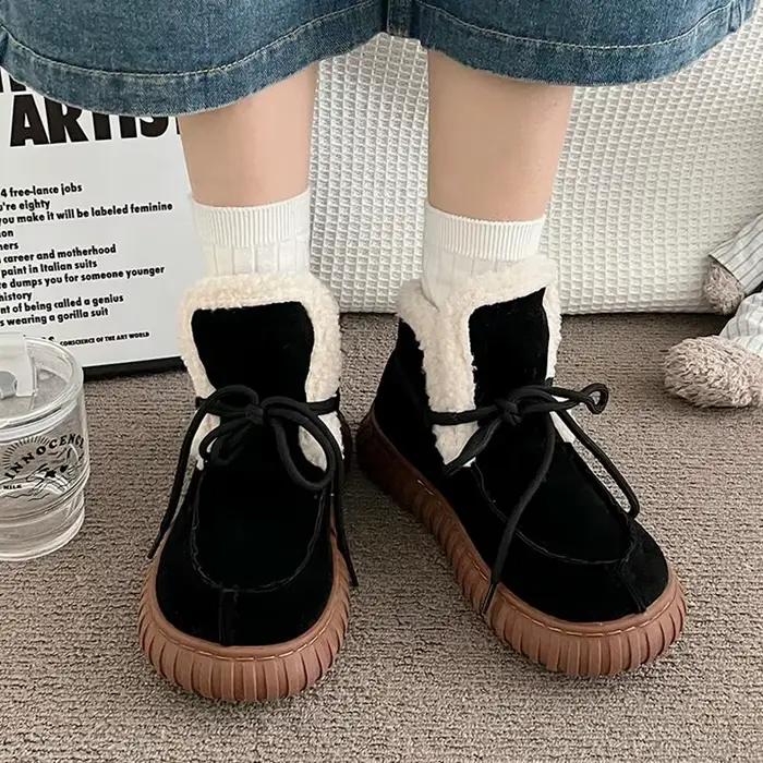 Bottines de neige en daim et fourrure pour femme, chaussures d'hiver à plateforme épaisse, à lacets, en fourrure moelleuse, chaudes et en peluche