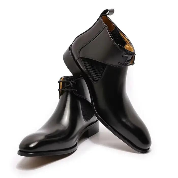 Bottines en cuir de Style de rue pour hommes, bottines Chelsea carrées en cuir véritable uni, faites à la main, à lacets en noir/marron pour tenue décontractée