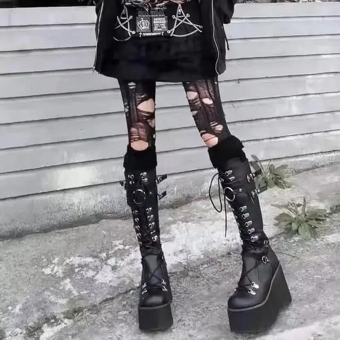 Punk gothique plate-forme bottes pour femmes Cosplay compensées mi-mollet femmes bottes concepteur fond épais décontracté genou haute botte Botas Mujer