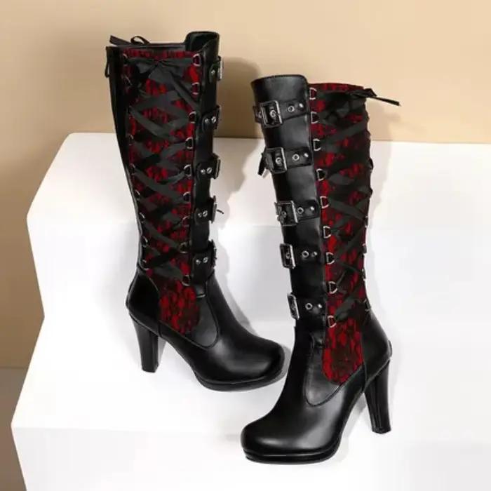 Femmes ceinture boucle genou bottes hautes 2025 Sexy hiver garder au chaud femme dentelle longue botte gothique Mature dames plate-forme genou Boottes