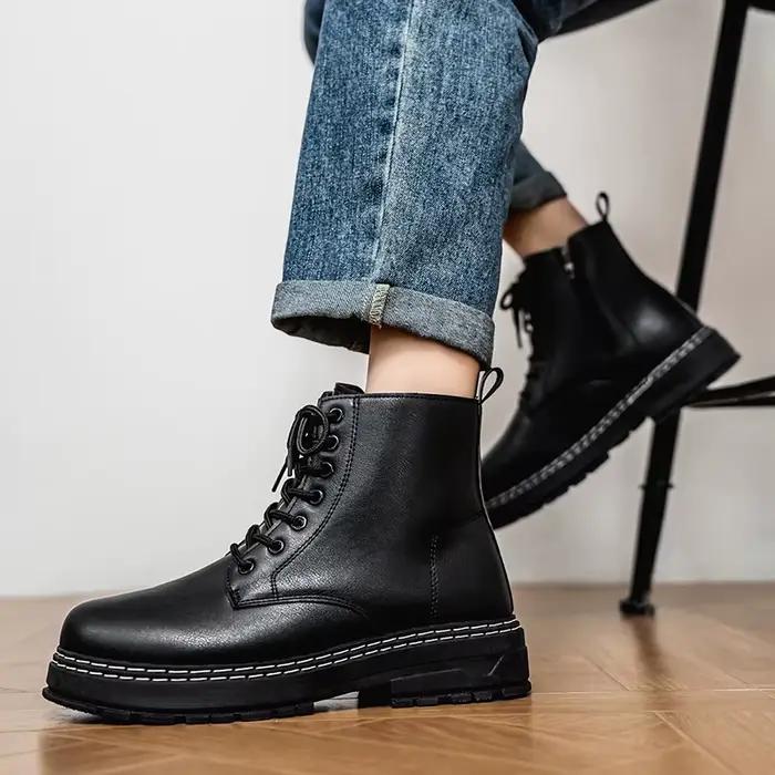 Bottes de travail noires à tige haute de style britannique, bottes à plateforme rehaussantes pour l'extérieur et les trajets quotidiens