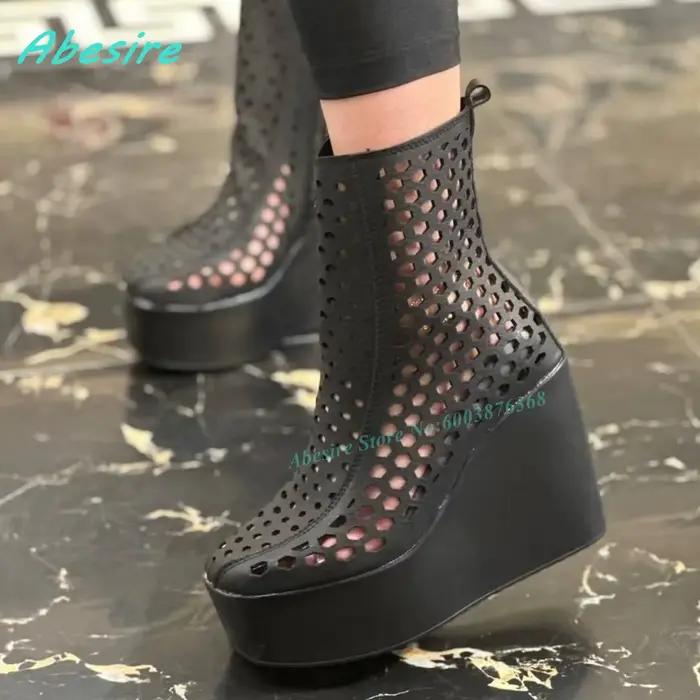 Bottines blanches à talon compensé en maille ajourée, bout rond, fermeture éclair latérale, plateforme, pour femmes, style urbain estival, chaussures tendance