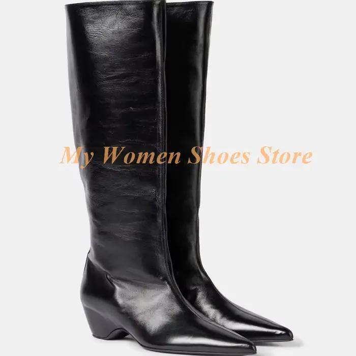 Bourgogne genou bottes hautes talon moyen sans lacet piste 2026 hiver automne femmes robe chaussures bout pointu talon noir nouveautés