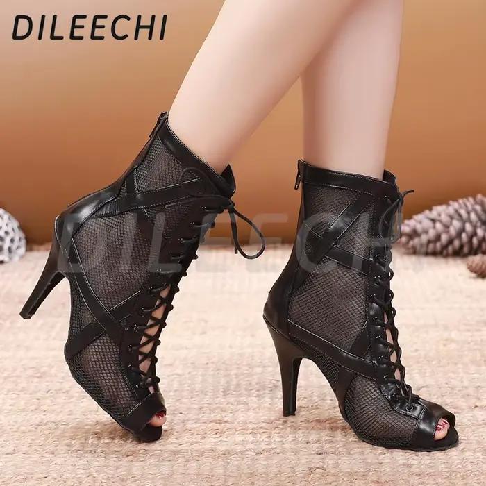 DILEassassined I-Bottes de brevLatine pour Femme, Chaussures en Maille de Dentelle, Cuir, Salsa, ix, Salle de Bal, Talon Haut et Fin, Semelle Souple, 10cm