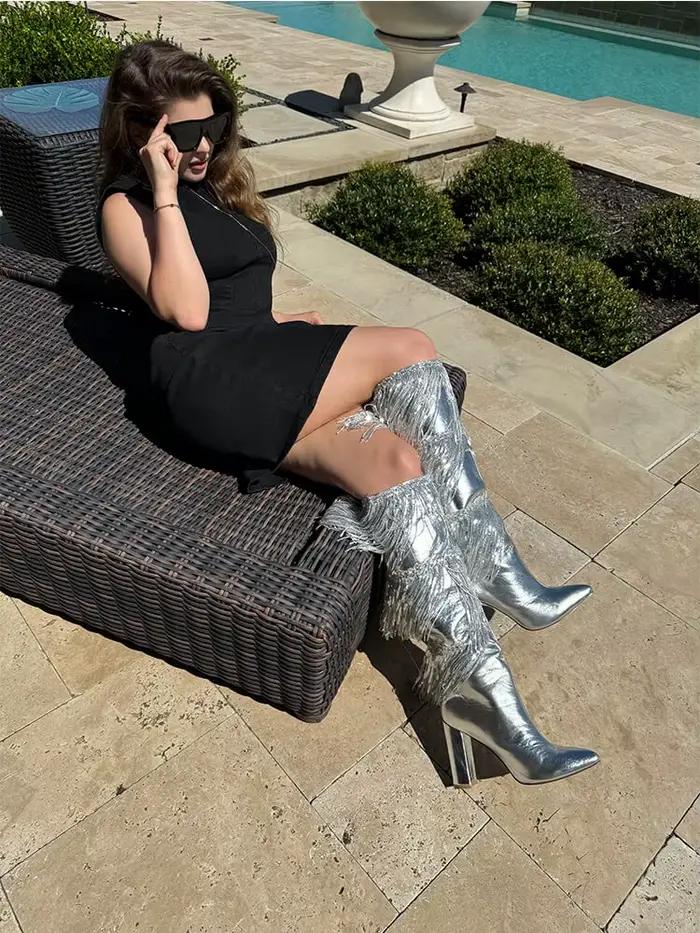 bottes au-dessus du genou Onlymaker bout pointu frange dorée pour femmes soirée danse élégantes ocassions spéciales