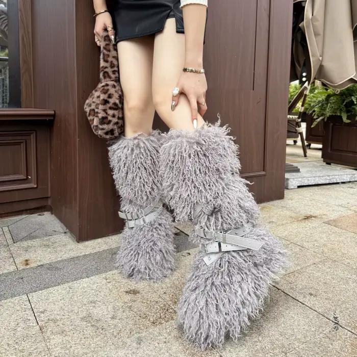 Bottes hautes en fausse fourrure de mouton pour l'hiver, style Y2K Goth, bottes hautes pour femmes, bottes longues chaudes tendance Hiphop Hotgirl