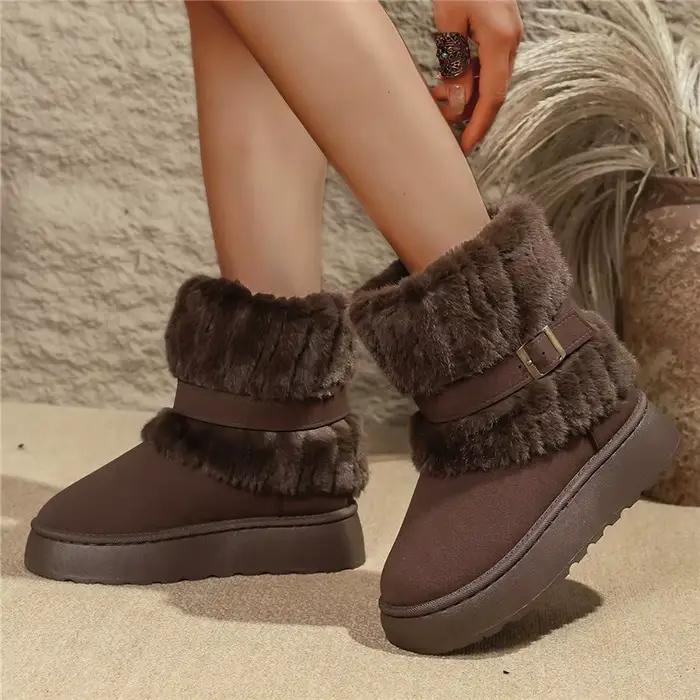 Bottes de neige décontractées à fond épais doublées de polaire épaisse pour femmes, chaussures chaudes d'hiver en coton avec ceinture décorée, bottes montantes à bout rond