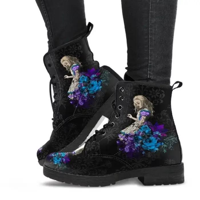 Bottes courtes punk pour femmes imprimées tête de mort et fleur ajustement parfait pour printemps et automne
