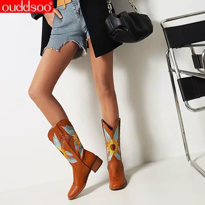 Ods-Bottes pointues brodées de tournesol pour femmes, Parker, sans lacet, mi-mollet, marron foncé, grande taille, 41, 42, 43, 45, 46, automne, hiver, nouveau, 2024