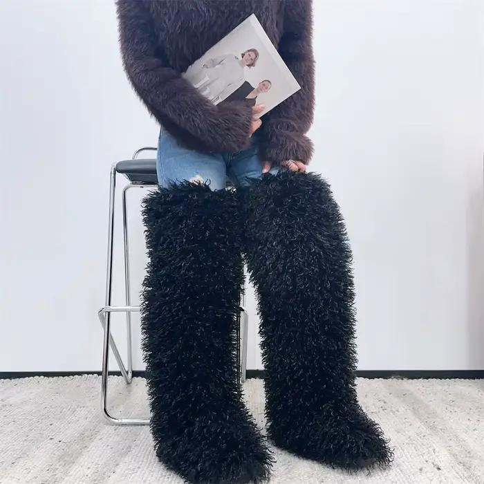 Femmes Faux renard cuissardes fausse fourrure bottes hiver chaud avec fourrure à l'intérieur nouveau concepteur en peluche genou haute fourrure bottes