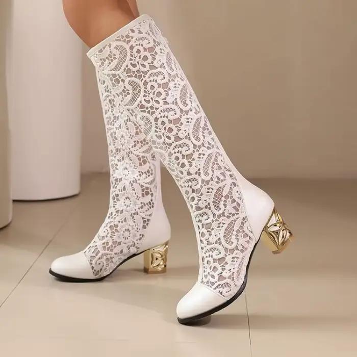 Printemps et automne mode nouveau style bottes pour femmes blanc doux dentelle évider genou longueur talons hauts femmes été cool bottes