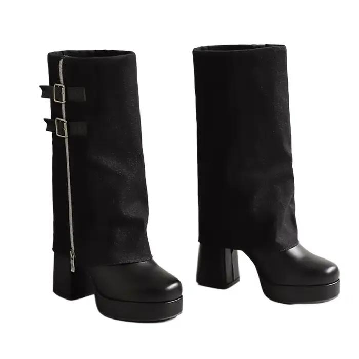 Bottes mi-mollet à talons hauts épais pour femmes