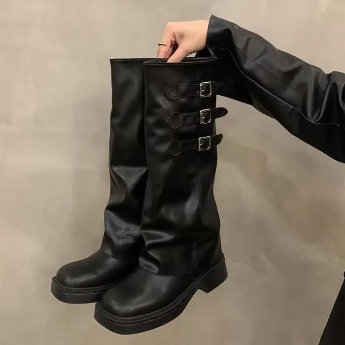 Style rétro genou bottes hautes femmes mode dames sans lacet chevalier