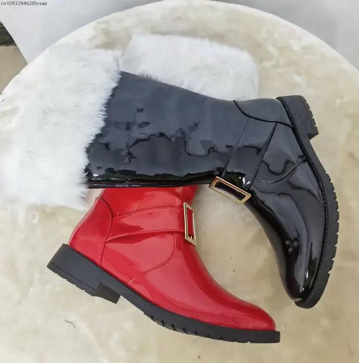 Bottes d'hiver de Noël, bottes du Père Noël pour hommes et femmes, chaussures en cuir rouge et noir pour le Nouvel An, avec revers en peluche blanche, pour cosplay