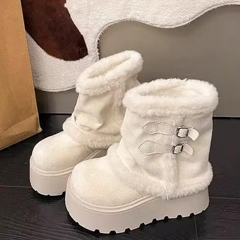 Bottes de neige rétro en fourrure pour femmes, bottes chaudes en coton épaissi avec doublure en polaire, style romain à enfiler, chaussures d'hiver à coupe basse